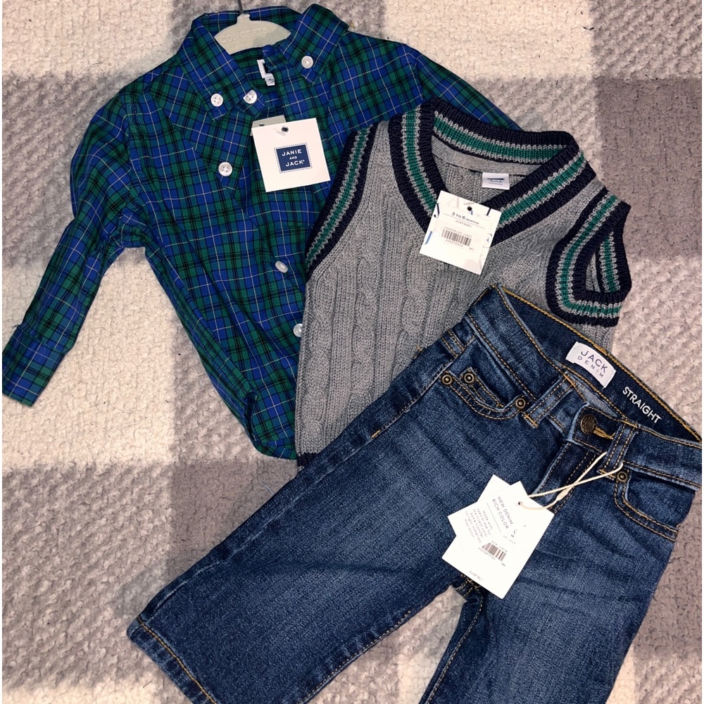 Baby boyJanie and Jack outfit blue green button up dark jeans grey sweater vest